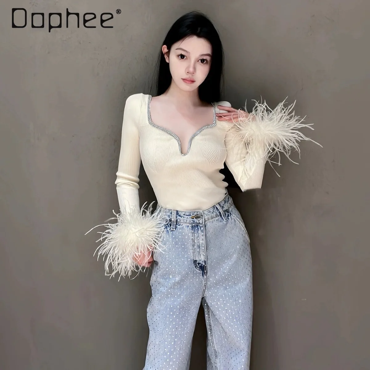 

Sexy Woman Feather Sleeve Rhinestones White Knitted Top 2024 Early Spring New High-end Woman Long Sleeve Black Slim Knit Sweater