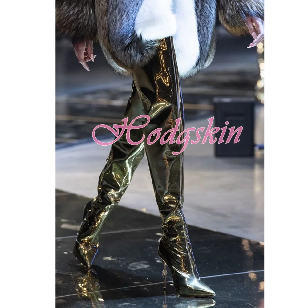 Bling Gold Laser Long Boots Solid Over The Knee Pointy Toe Women Shoes Thin High Heels Zipper Thigh High Boots Autumn Winter New