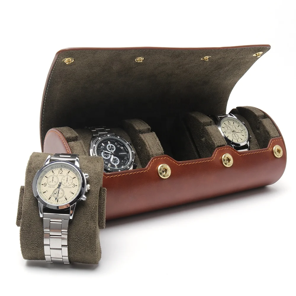 Stocked Fast Delivery Wholesale genuine leather 3 Slot Travel Watch Roll Case for Men