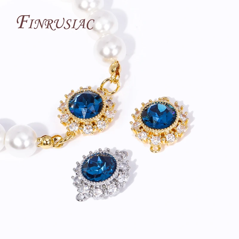 18K Gold Plated Inlay Zircon Blue Rhinestones Round Connect Charms Pendants High Quality DIY Jewelry Making Necklace Earrings