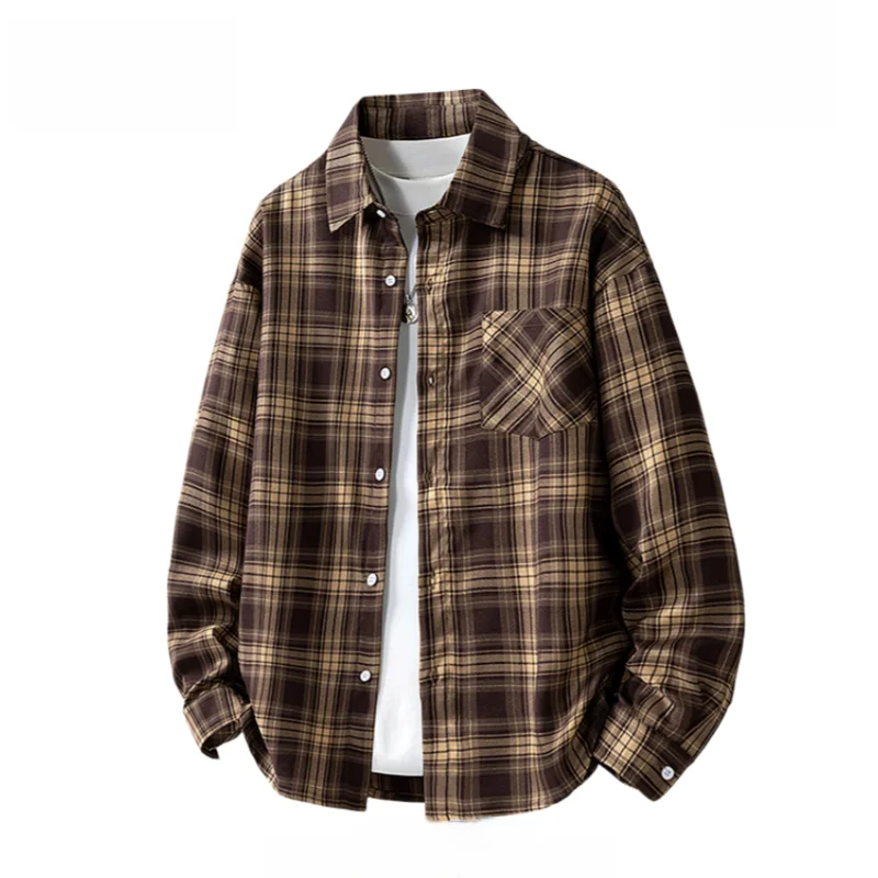 

TUCANO Pure Cotton Plaid irt Jaet Loose Casual Long Sve Turn-down Collar Men's Women's Japanese Sle Couple Trend