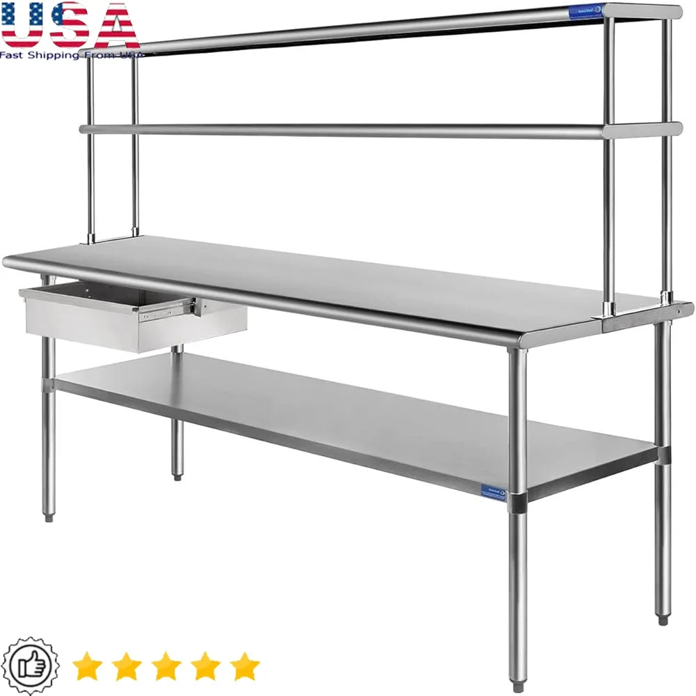 

Stainless Steel Work Table Utility Bench Kitchen Laundry Prep Table NSF Double Tier Shelves Heavy Duty Industrial Garage