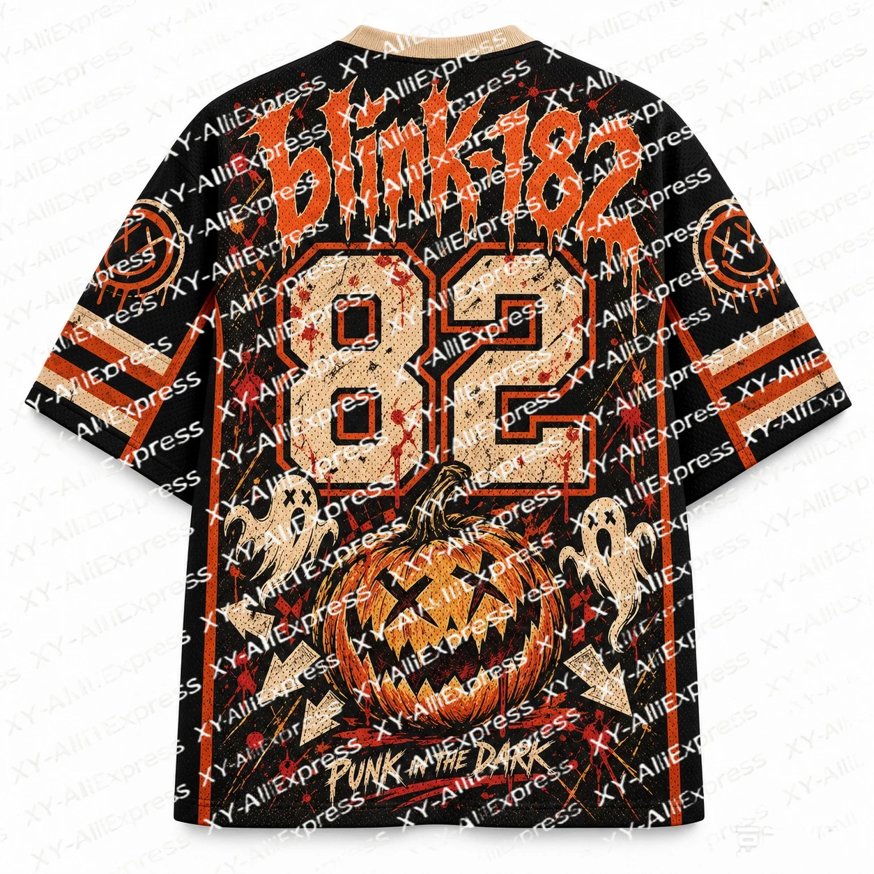 American Retro Jersey Cut, Large Punk Halloween Vintage Graphic Print, Stand Out in Streetwear with Wild Punk Retro Style.