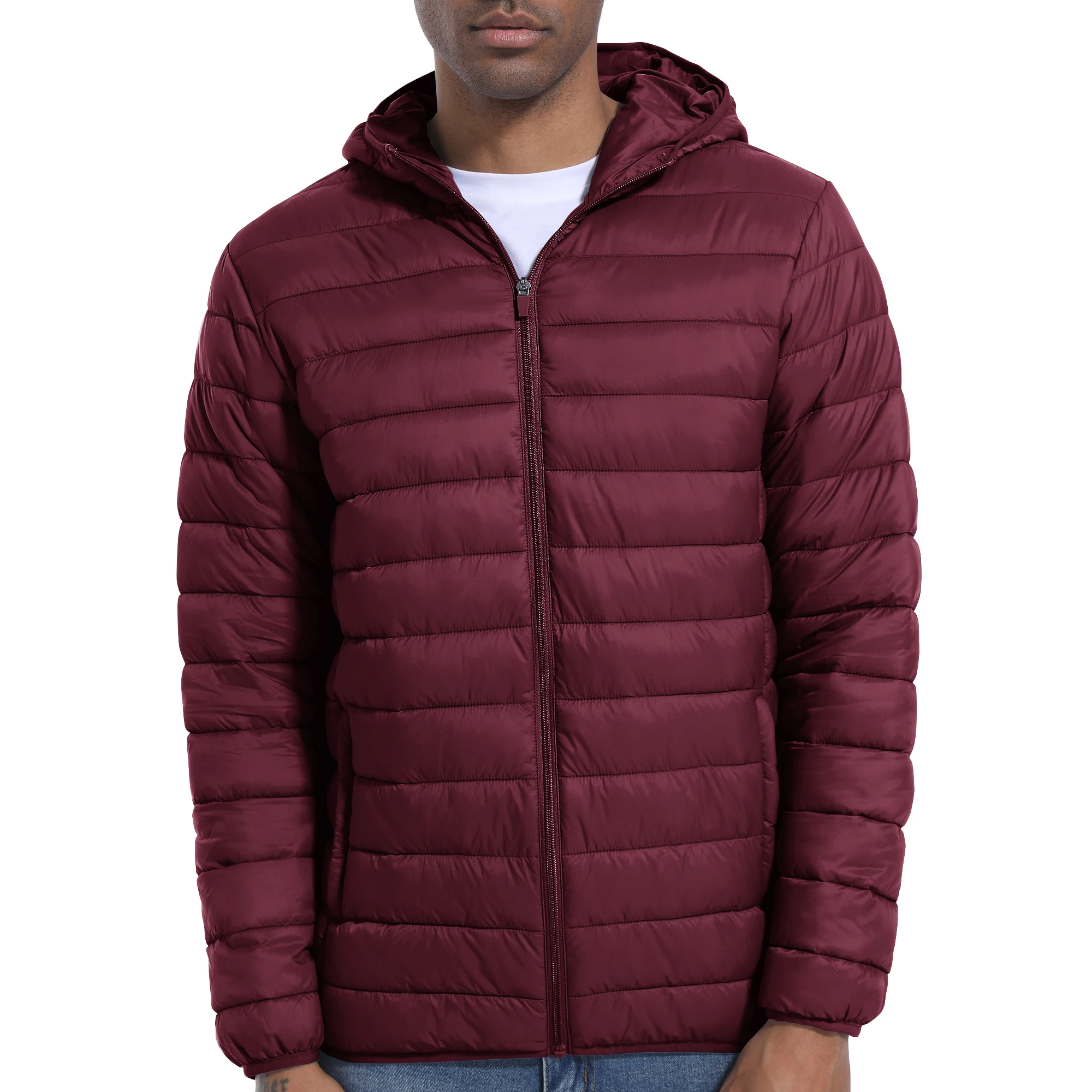 Men\'s Lightweight Jackets with Hood Full Zip Water-Resistant Casual Light cotton jacket Quilted Lined Winter Thermal Coats