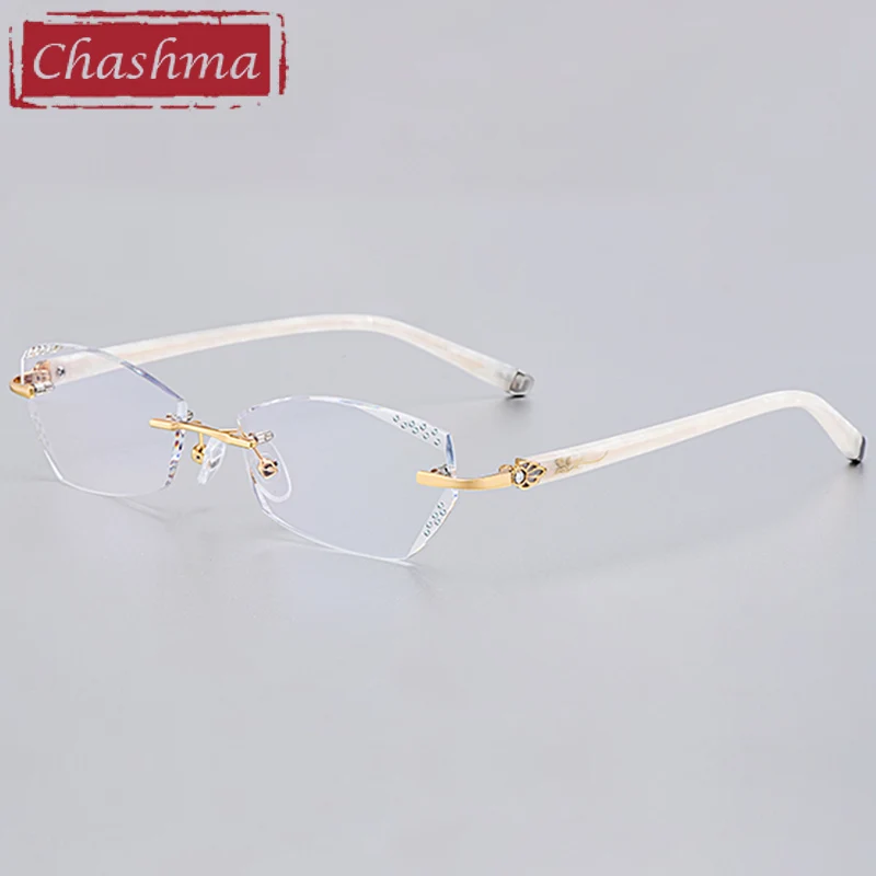 Elegant Eyewear Women Rimless Prescription Glasses Frame Colored Eye Lenses Stones Diamonds Reading Titanium Spectacles