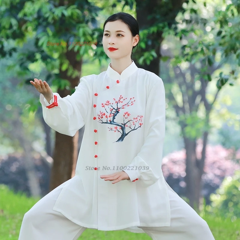 

2024 chinese tai chi wushu uniform vintage flower print kung fu training exercise martial arts wingchun morning sport clothing