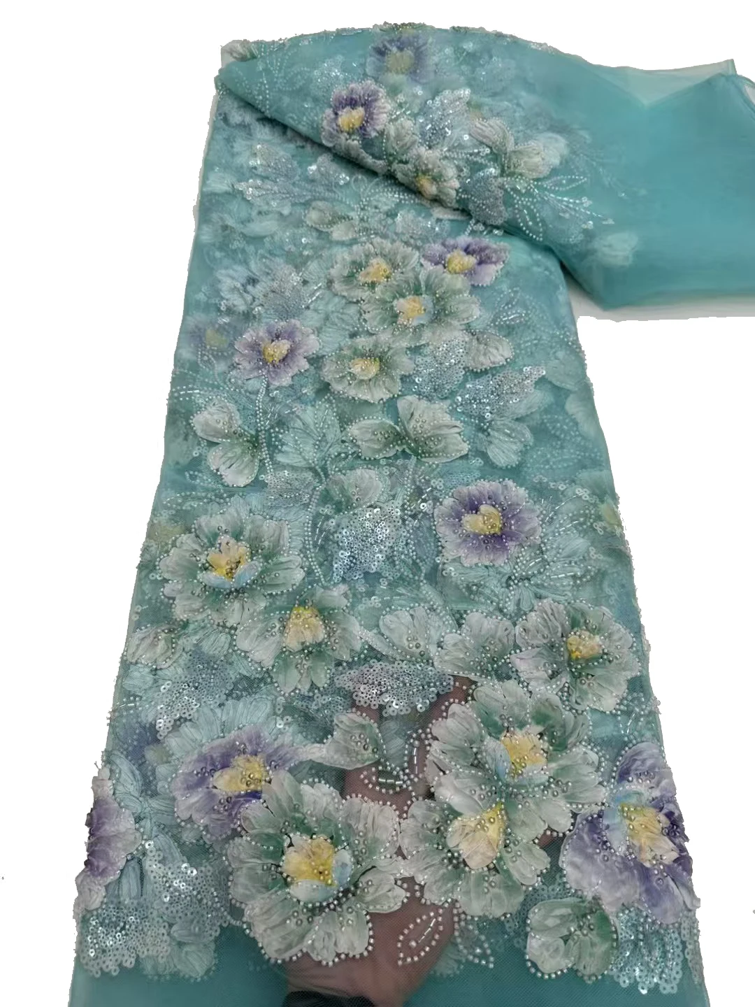 

New Tulle Lace Embroidered Mesh with Disk-Flower Sequins, Beads and Tubular Embroidery, French-Style Luxury Wedding Dress Fabric