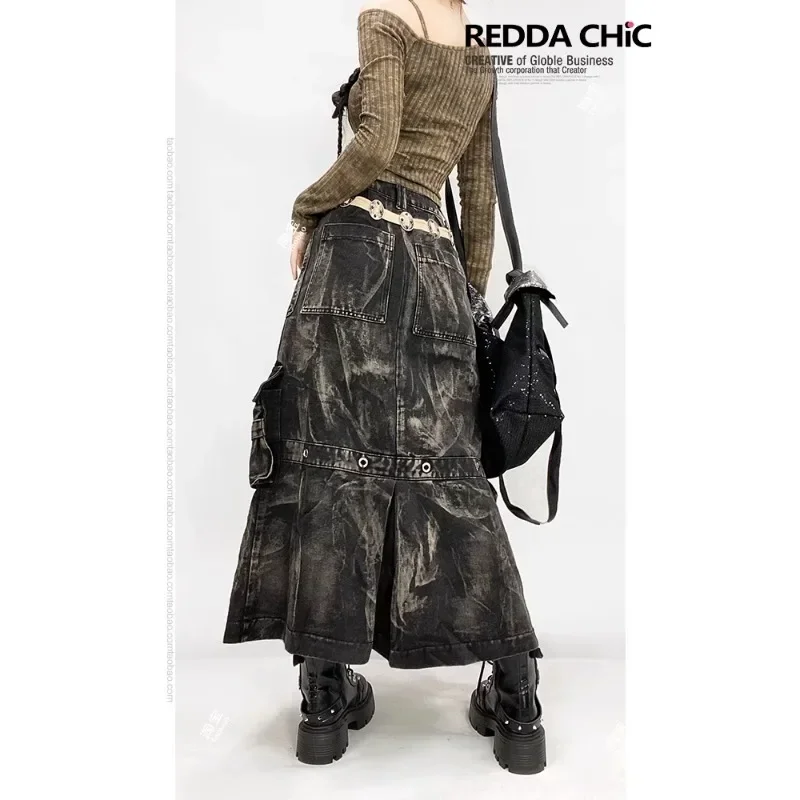 Vintage Maillard Wasteland Mid-length Denim Skirt Women's Autumn and Winter Heavy Yabi Personality Black Tie-dye Tooling Skirts