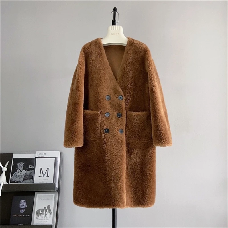 2024 New Sheep Shearling Double-breasted Warm Coat Female Lamb\'s Wool Winter Long Jacket Parka PT494