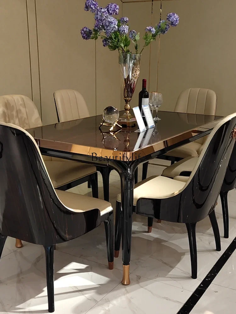 

yj9 Post-Modern Solid Wood Dining Tables and Chairs Set Genuine Leather Villa Light Luxury Hong Kong Luxury