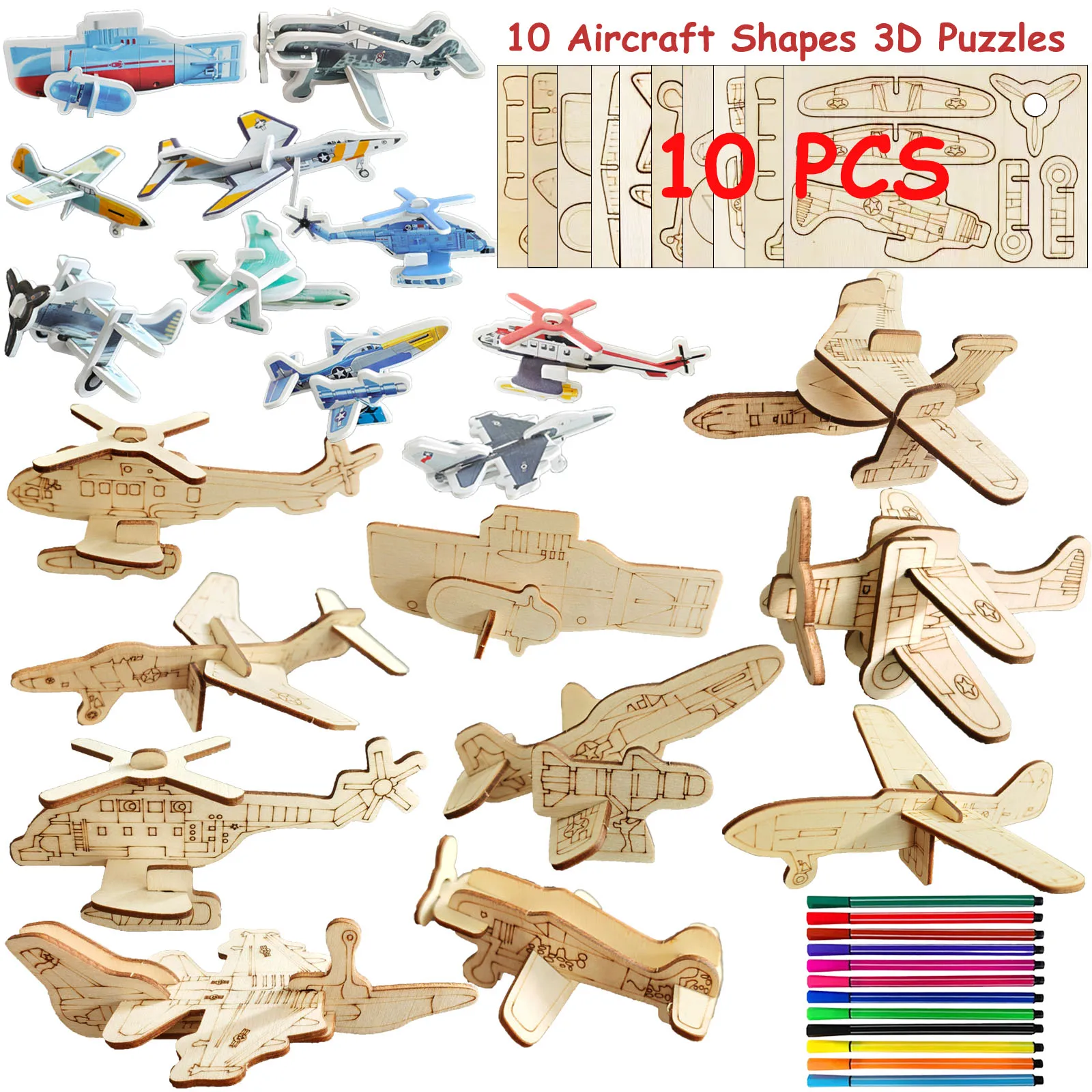 22-teiliges Kinder-DIY-Holzpuzzle-Set, Kinder-Holzpuzzle- und Malset mit Flugzeugen.