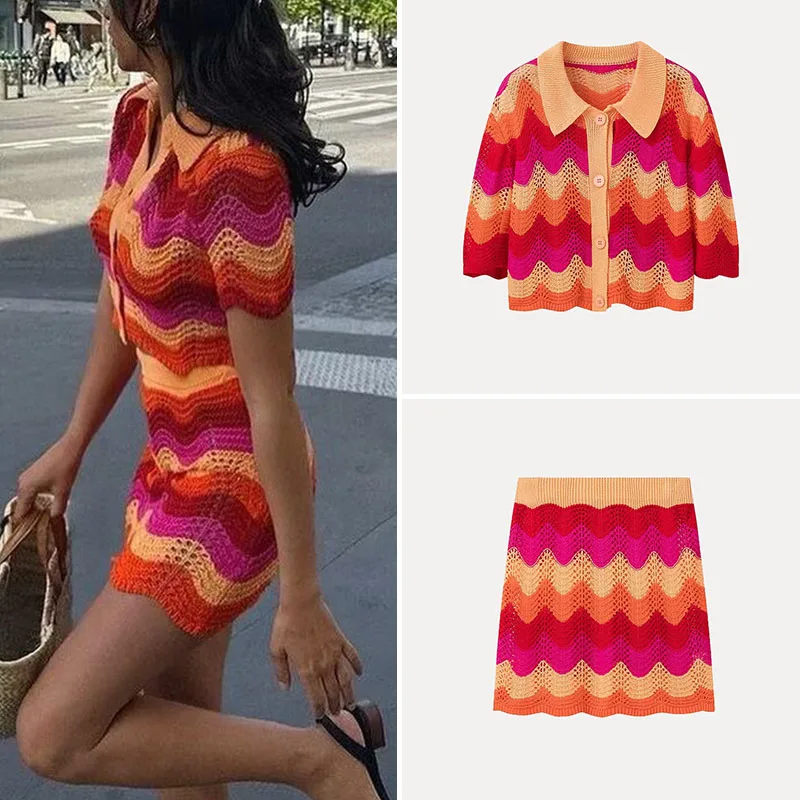 Conjunto de Top de Meia Manga em Malha E e  Saia Casual Primavera 2025 Moda Fena Conjunto de Fibra de Poliéster