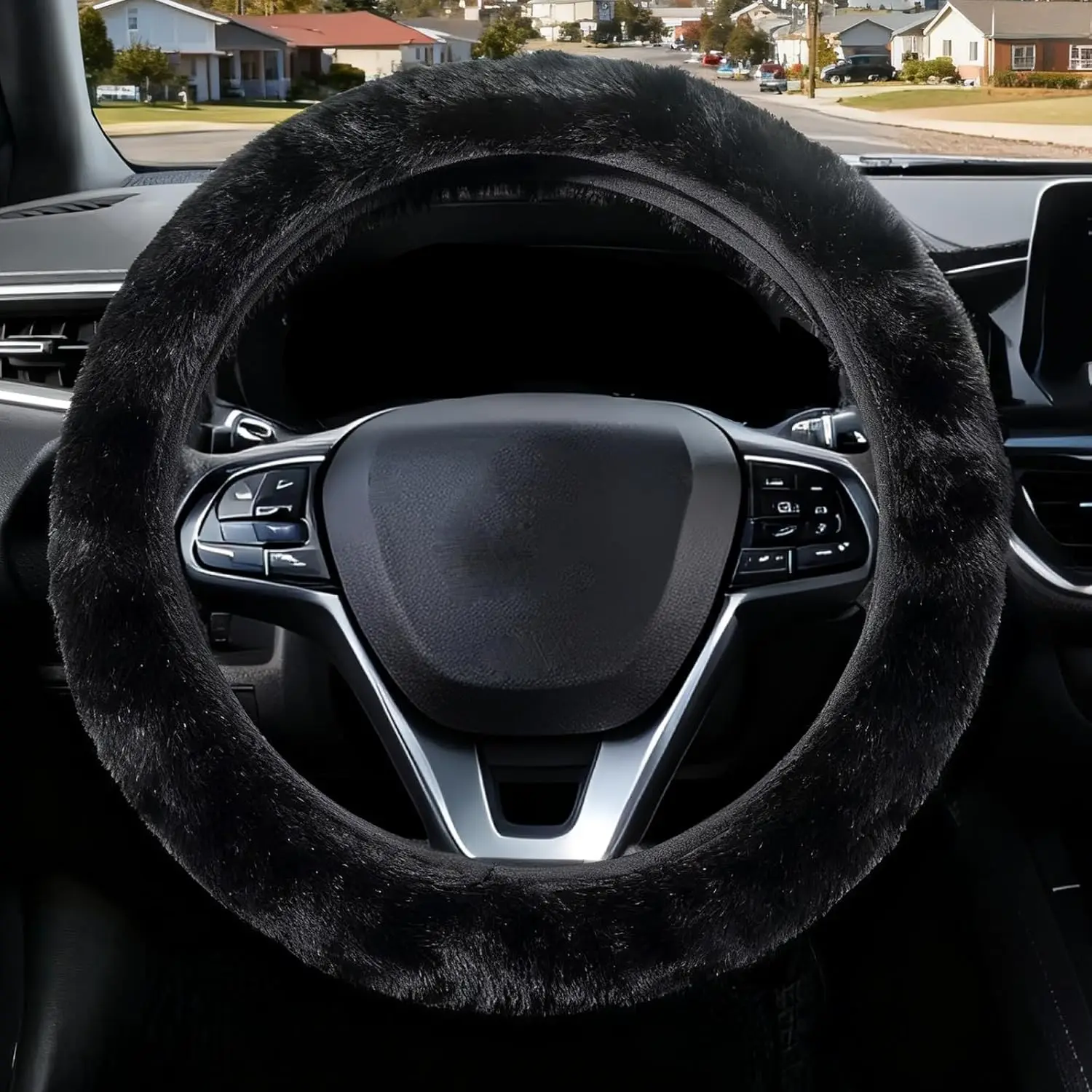 

Soft Plush Steering Wheel Cover, Non-Slip Warm Fluffy for Cars SUVs Trucks, Black 14.5-15 Inch