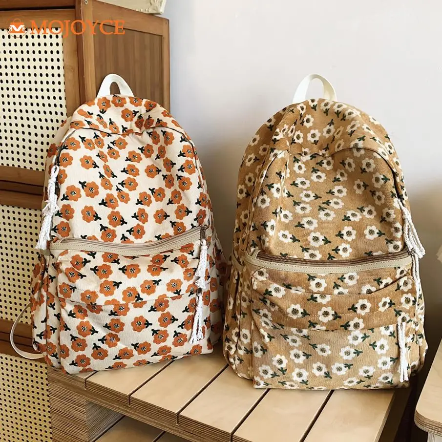 Fashion Corduroy Schoolbags Japanese Aesthetic Backpacks Multi-pockets Students Mochilas Large Capacity Floral Pattern Knapsacks