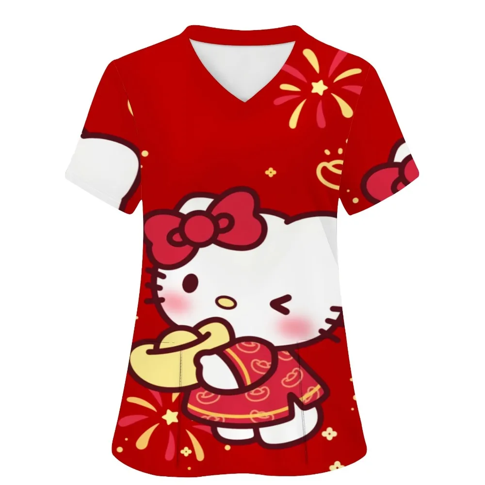 

Медицинская униформа Hello Kitty с милыми принтами, с V-образным вырезом, с короткими рукавами, повседневная, подходит для женщин, модная униформа медсестры