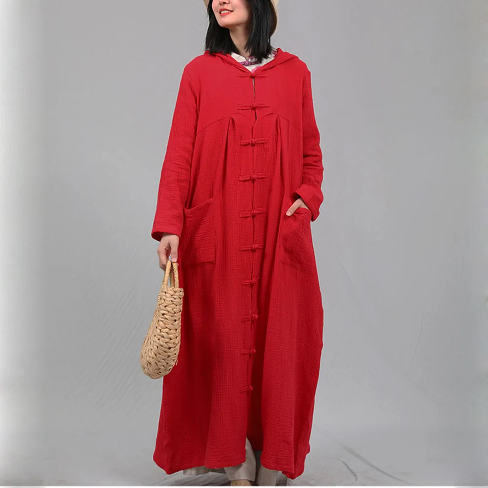 Estilo étnico cor sólida longo trench coat feminino robe fora da fivela cardigan algodão linho tamanho grande com chapéu capa outono