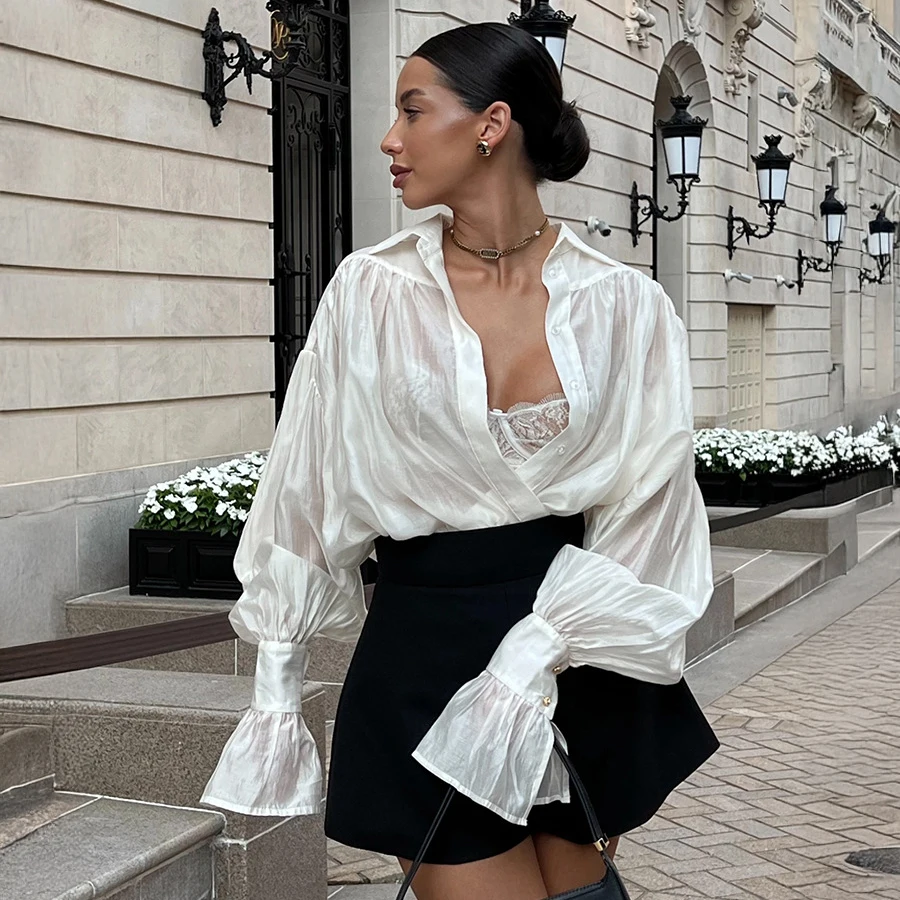 Französisch Stil Satin Übergroße Blusen Mode Chic Frauen Revers Laterne Hülse Shirts High Street Büro Dame Lose Blusen Weiß