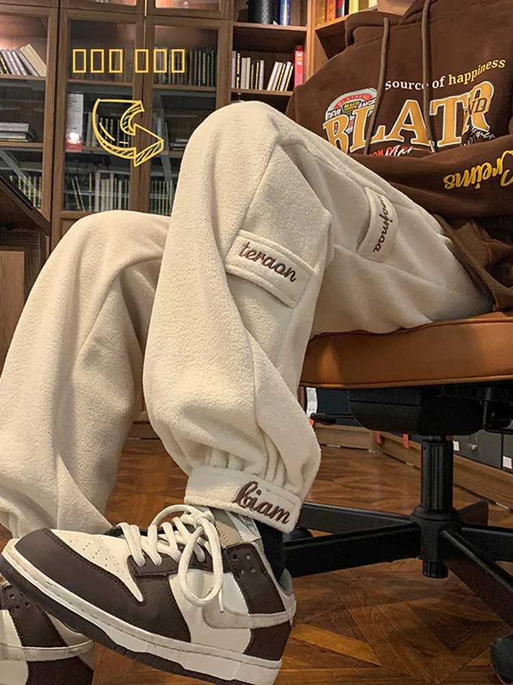 

Мужские повседневные брюки из бархатной ткани Lamb Velvet, американские свободные спортивные штаны на весну и осень, модные брендовые повседневные спортивные брюки