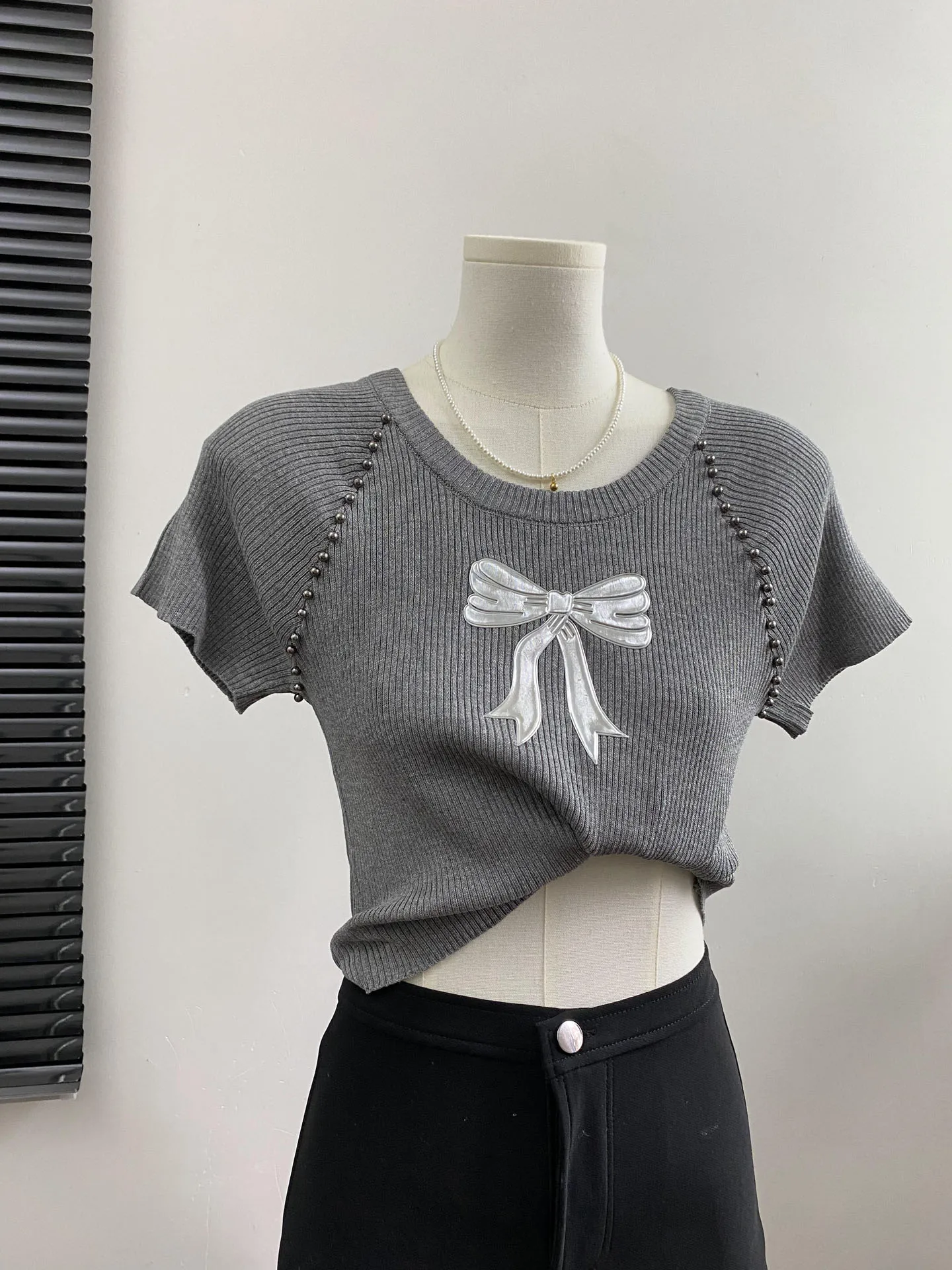 Women\'s Grey T-shirt Harajuku Korean Y2k Bow Tee Top Aesthetic Fashion Vintage Short Sleeve O-Neck T-shirts 2000s Clothes Summer