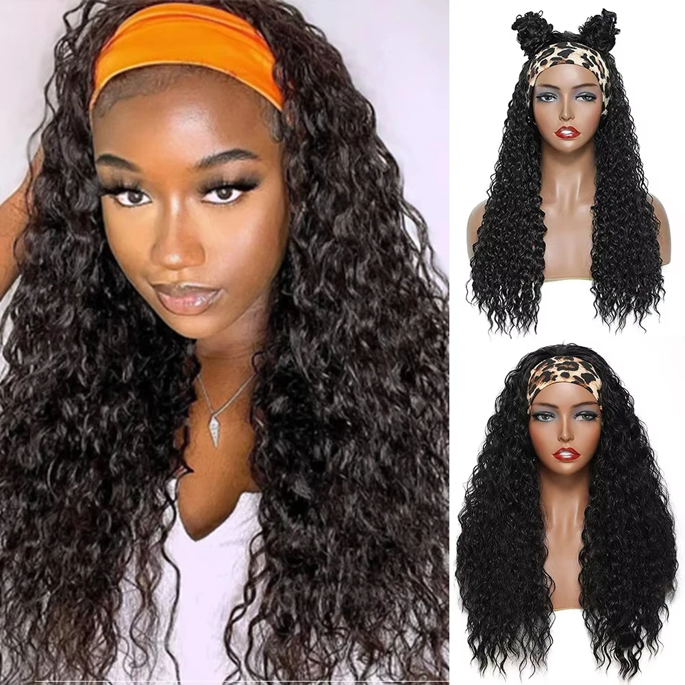 Wig Headband Water Wave Wig Sintetis untuk Wanita Kulit Hitam Wig Keriting dengan Headband Terpasang Wig Setengah Hitam Tanpa Lem Tahan Panas
