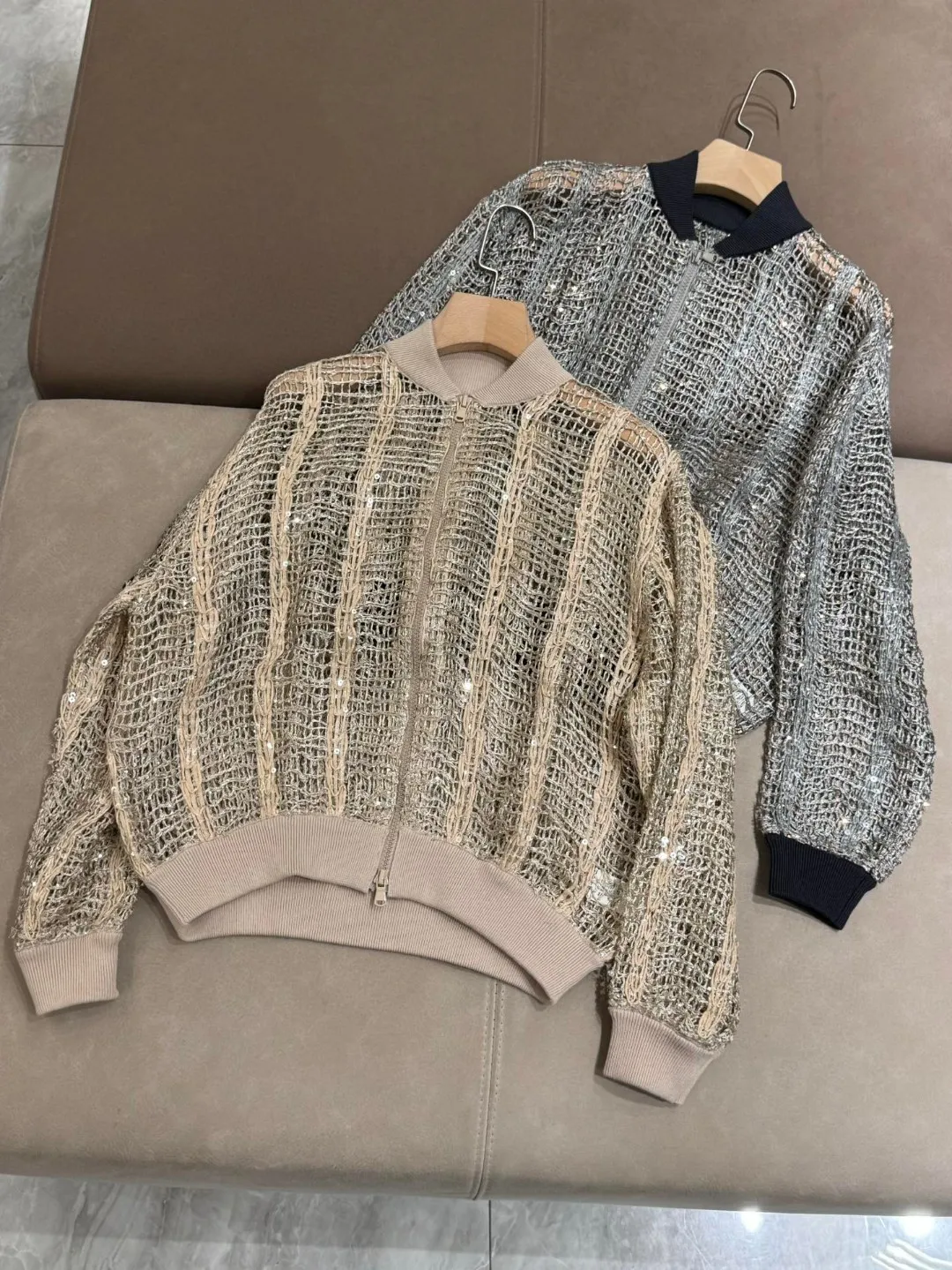 

Hollow mesh knitted sparkling yarn pilot jacket