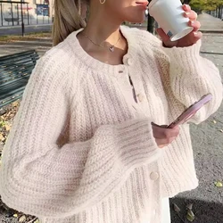 New Autumn Winter Thick Knitted Sweater Ladies Elegant O-neck Single Breasted Solid Cardigan Simple Long Sleeved Warm Sweaters