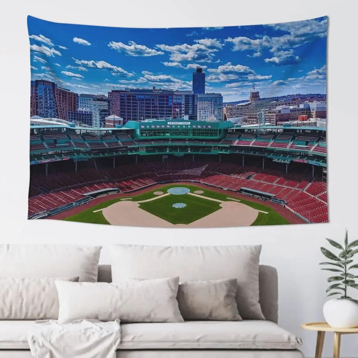 Fenway, Boston baseball stadium, ball field, outfield view, Boston Skyline, beantown Tapestry Wall Art For Bedroom Tapestry