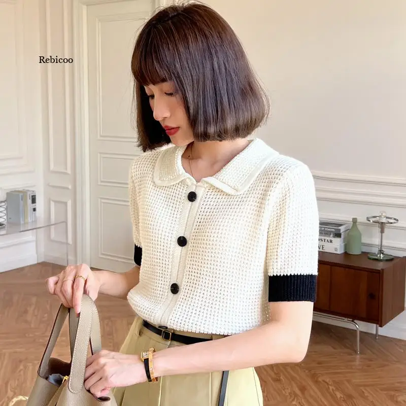 

Small sweet wind short-sleeved single-breasted bump color knit female summer new little cardigan brief paragraph coat lapels