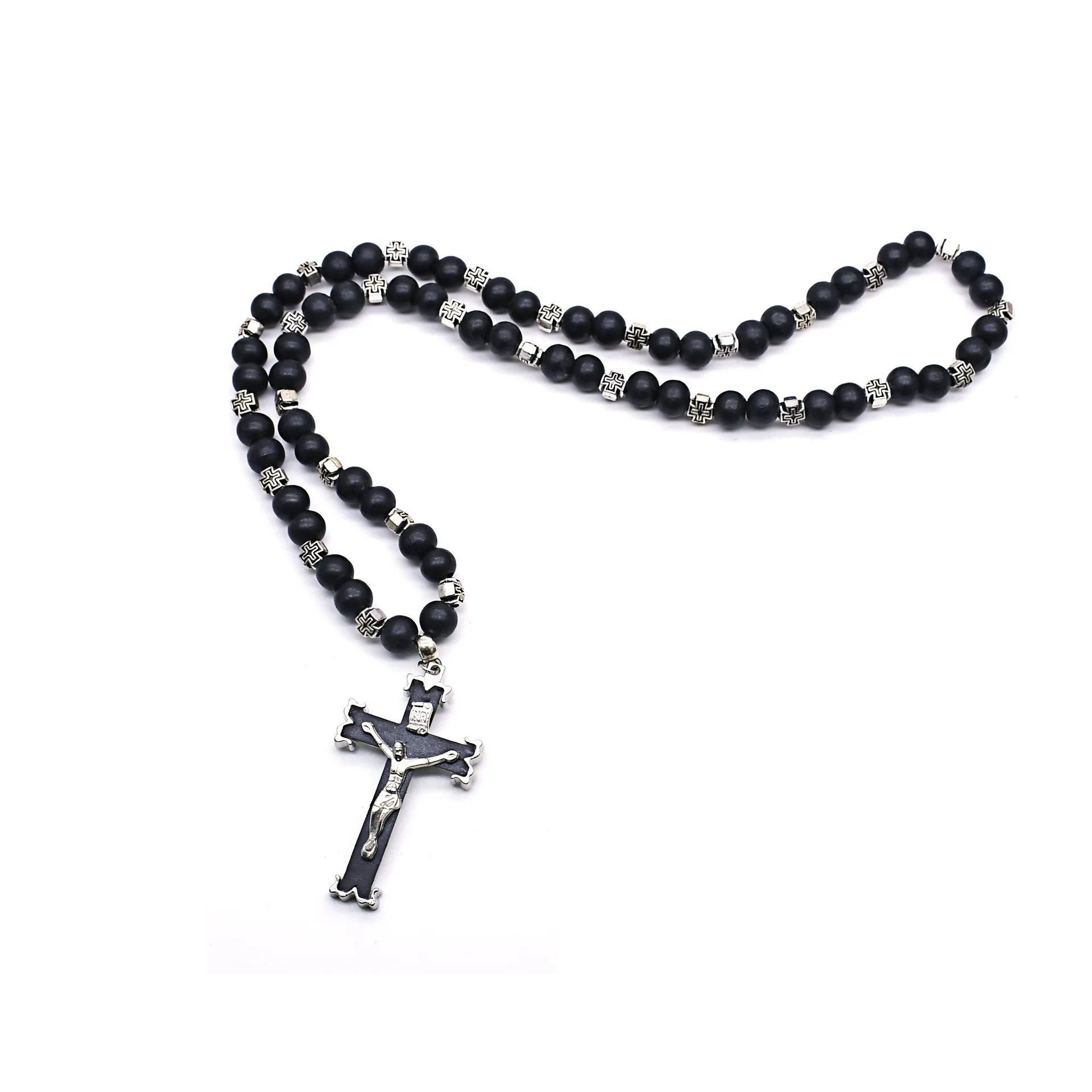 Black Paracord Men Rosaries 8mm Acrylic Beads Cross Necklace for Soldier Catholic Rugged Rosary