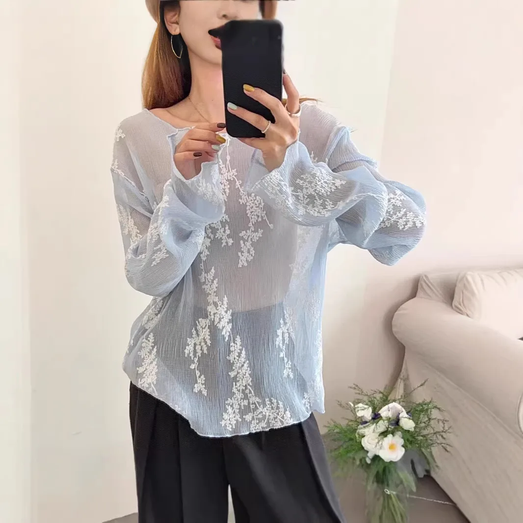 Women Embroidery T Shirt Solid Mesh Basic Tops Long Sleeves Round Neck Slight Strech Thin Loose Fit Elegant Casual 2026 Summer
