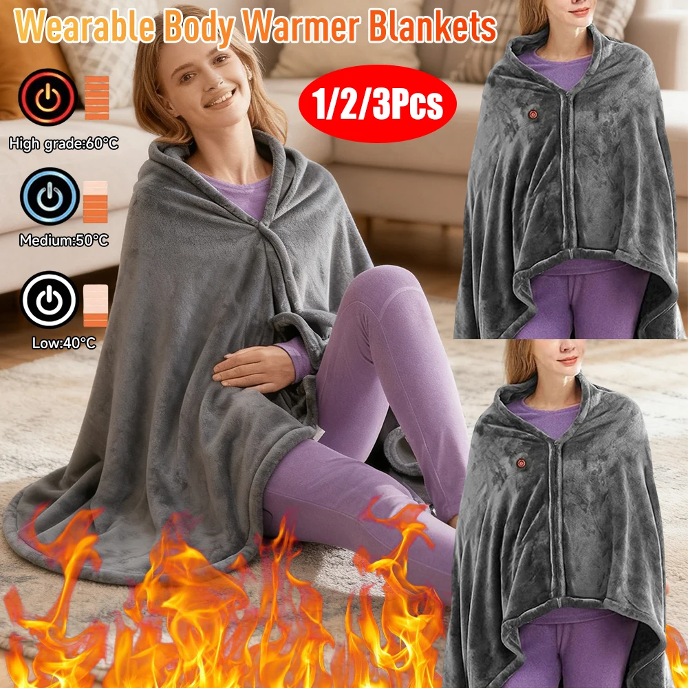 

1/2/3PCS USB Electric Heated Blanket 3 Heating Levels Fleece Heated Blanket Wearable Body Warmer Blankets For Household & Office
