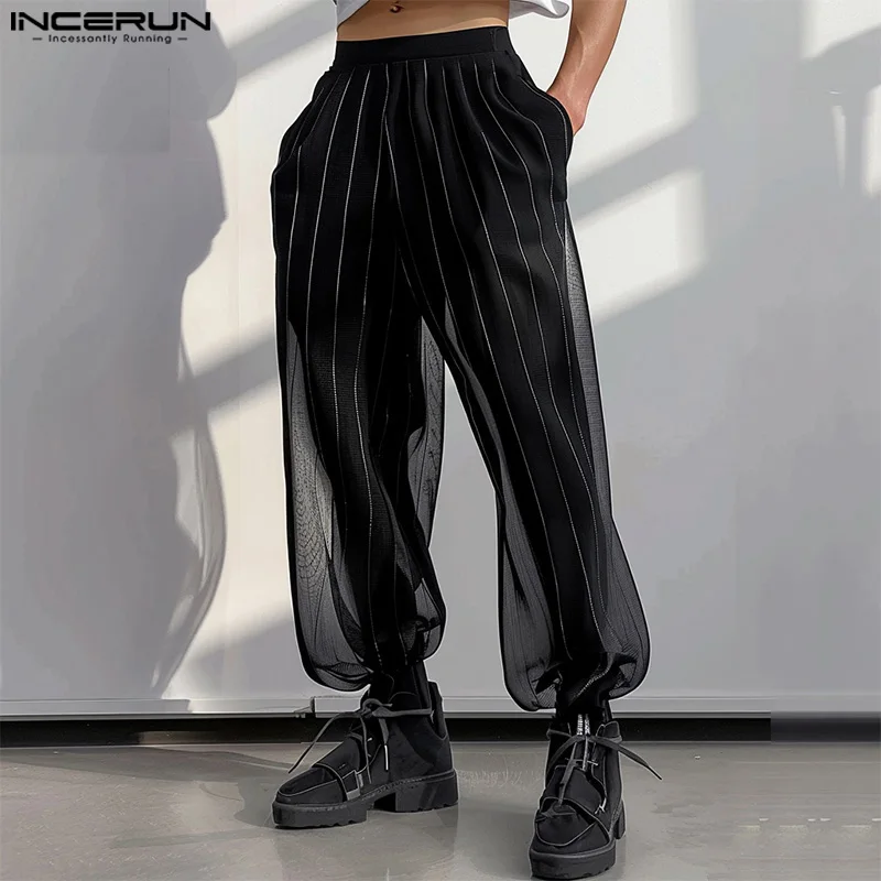 

INCERUN 2024 Korean Style Trousers Stylish Men's Striped See-through Pants Casual Clubwear Hot Selling Male Thin Pantalons S-5XL