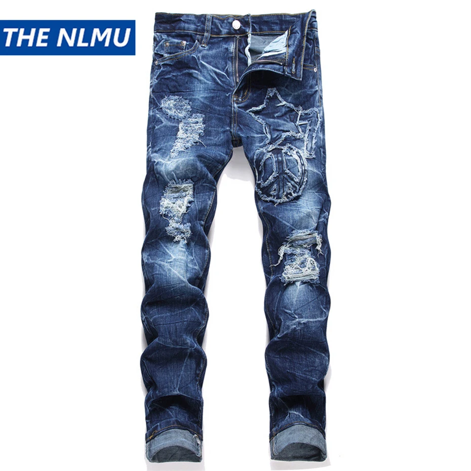 

Men's Fashion Ripped Denim Pants Embroidery Splicing Blue Jeans Trousers Man Streetwear Hip Hop Punk Jeans