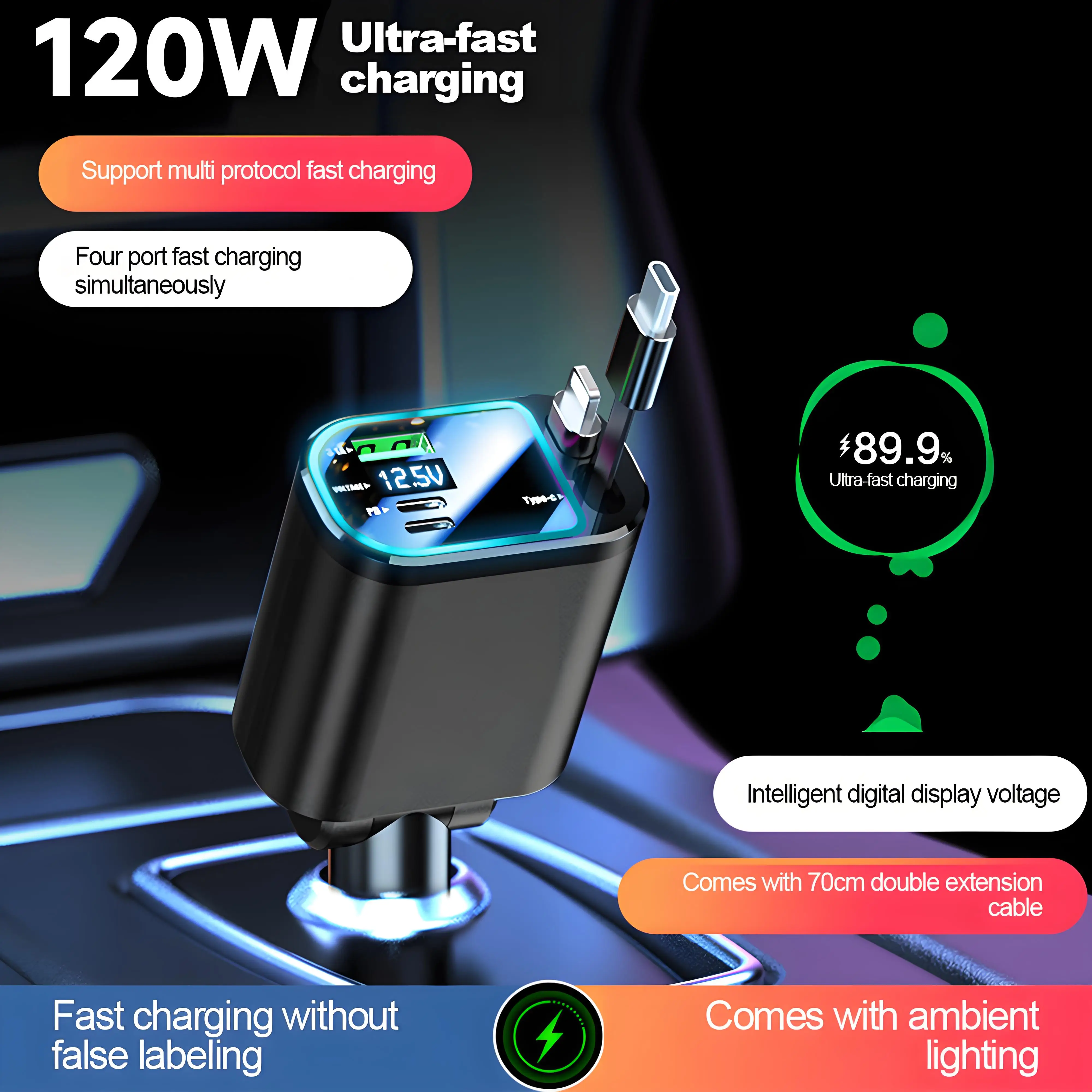 

120W Car Charger PD30W Car Cigarette Lighter Adapter Voltage Display With Retractable Cable Roof Starlight For IOS Android