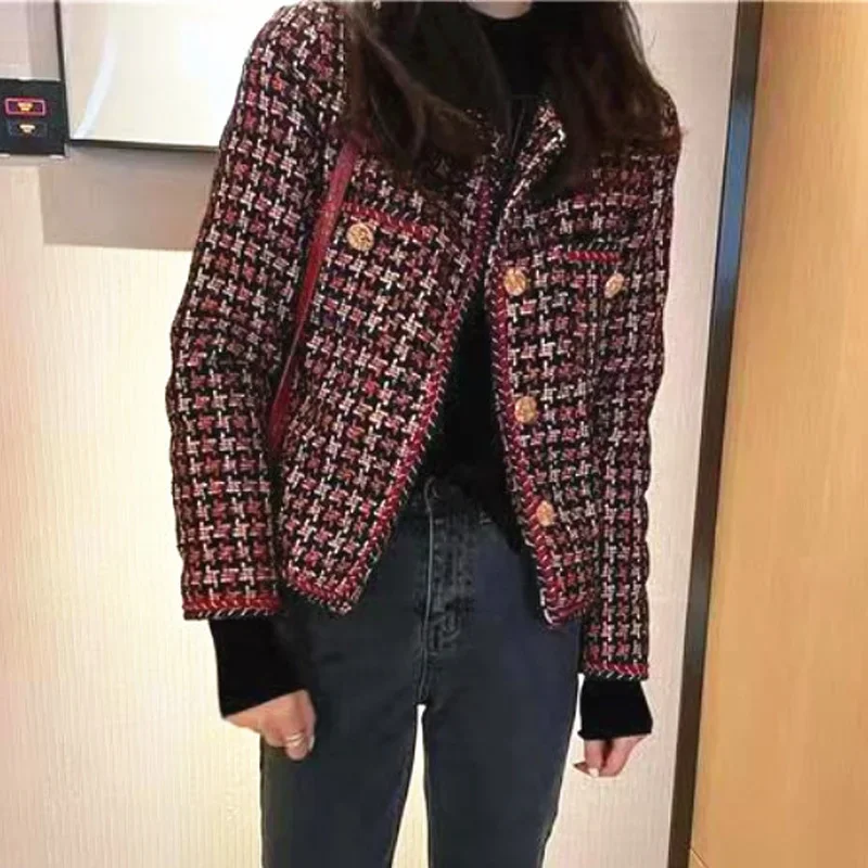 

Elegant Vintage Weave Plaid Women Blazer Pocket Plus Velvet Winter Causal Tweed Coat Office Ladies Suit Jacket Female