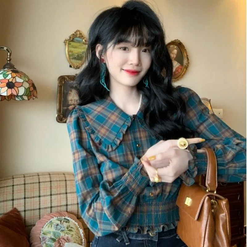 Women Stylish Vintage Plaid Print Sweet Chic Blouses Ruffle Peter Pan Collar Slim Short Shirts Korean Long Sleeve Tops Y2K Blusa