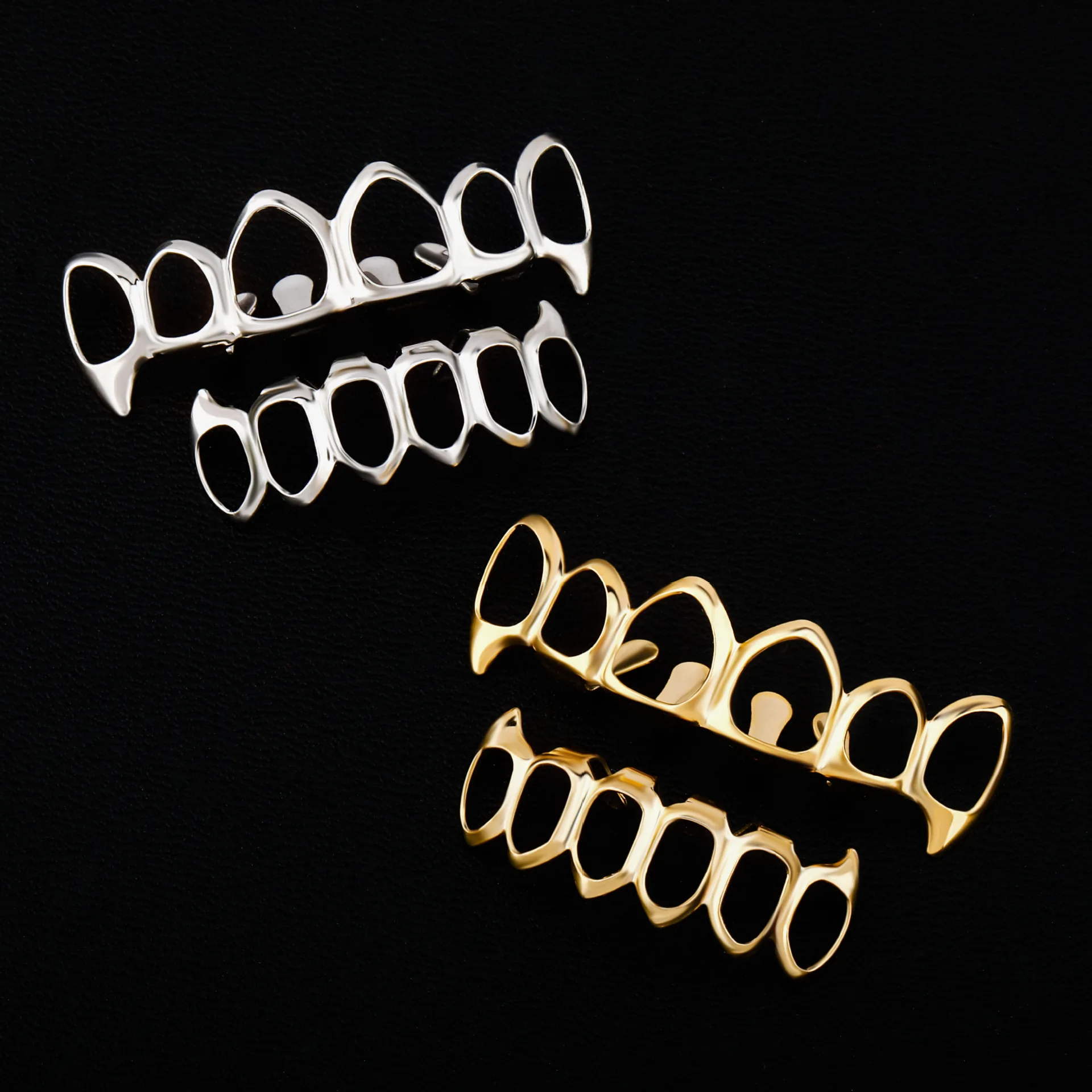 A set of 18k gold-plated brass hollowed out braces, personalized, fashionable, and minimalist sharp teeth hip-hop braces