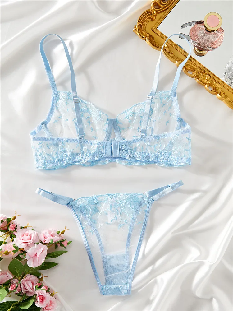 Sexy Women Lingerie Sets Lace Transparent Underwear Romantic See Through Exotic Sets Embroidery Floral Underwire Bra Brief Set