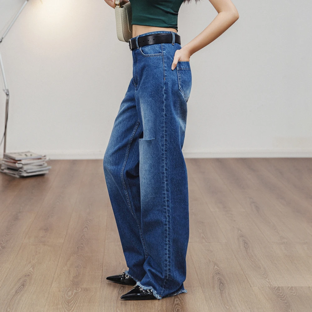 

Женские рваные джинсы Maden, 12,8 унций, винтажные прямые брюки полной длины, повседневные синие джинсы со средней талией и необработанным подолом на осень