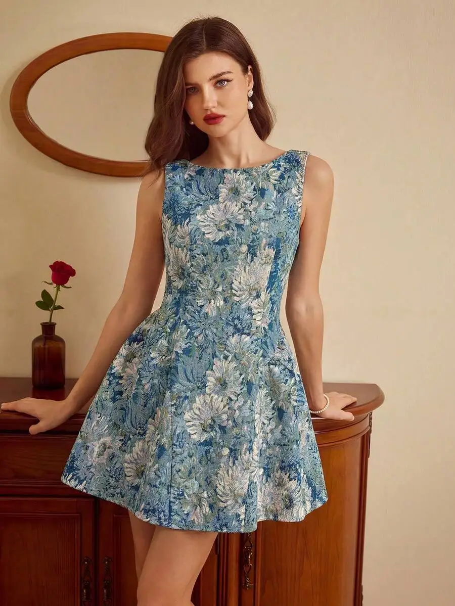 

Vintage Floral Jacquard Mini Dress Sleeveless Boat Neck Elegant Summer Party Dress