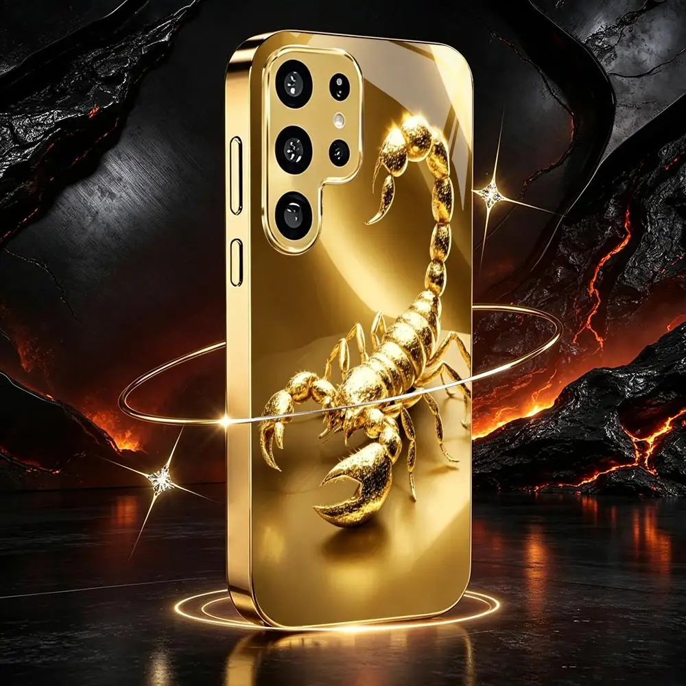 Golden Scorpion electroplated glass phone case suitable for Samsung Galaxy S26 S25 S24 S23 S22 S20 FE/Ultra/Plus anti drop