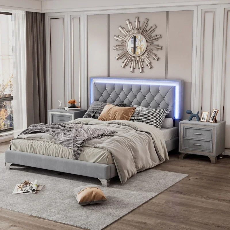 Creativity 3-Pieces Bedroom Sets,Queen Size Upholstered Platform Bed With LED Lights And Two Nightstands-Gray