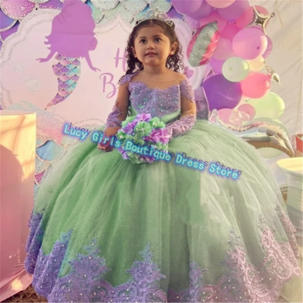 Customised Lovely Baby Flower Girl Dresses Tulle Fluffy Wedding Princess Lace Printing Kids Birthday Party Evening Gowns