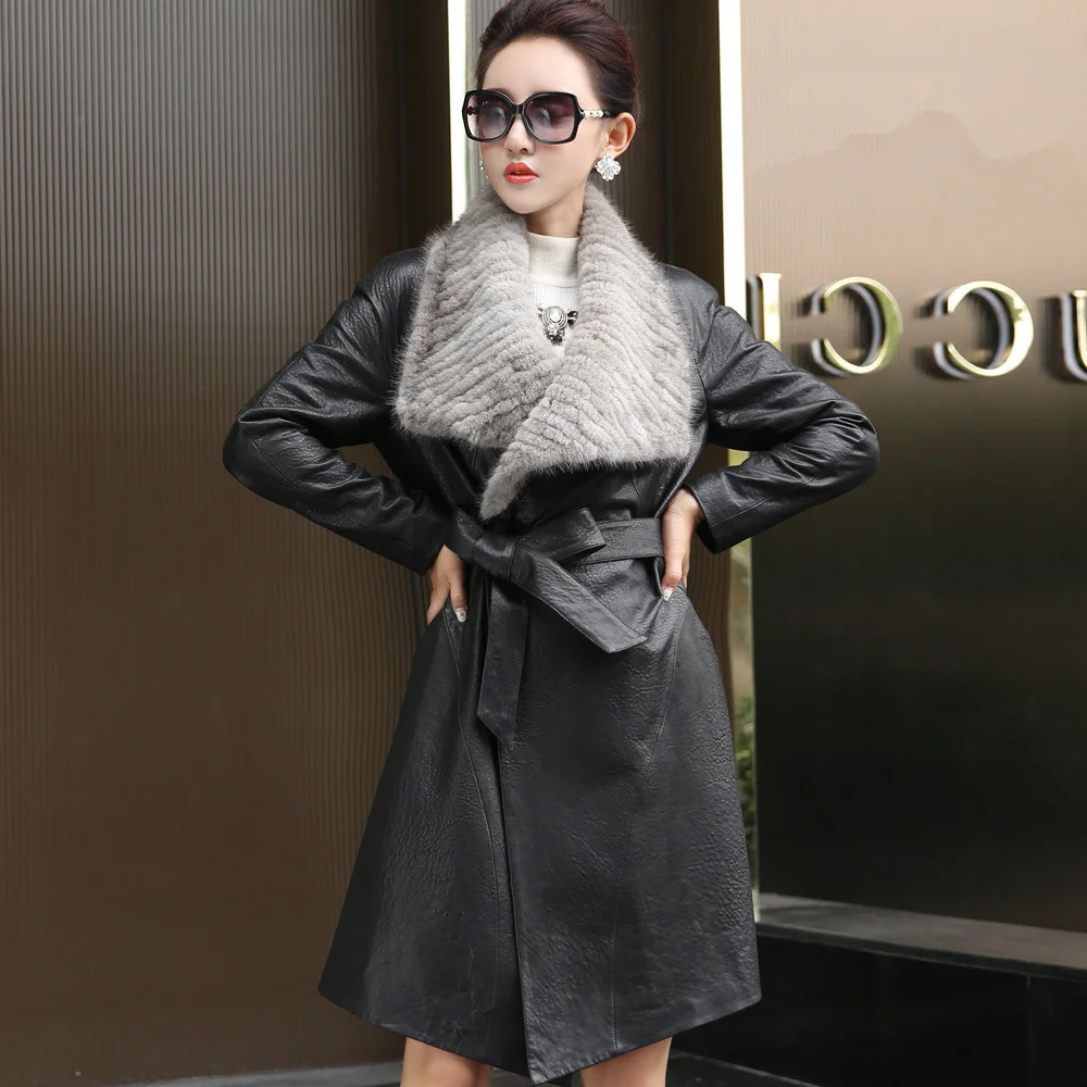 

2023 100% Real Sheepskin Coat Female Mink Fur Collar Winter Jacket Women Genuine Leather Jacket Long Trench Coats MY3726