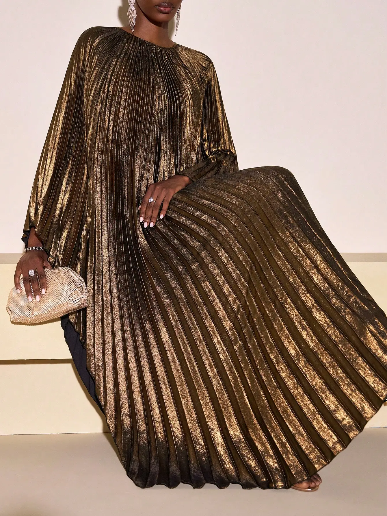 

Golden Pleated Maxi Dress with Cape Sleeve and Round Neck