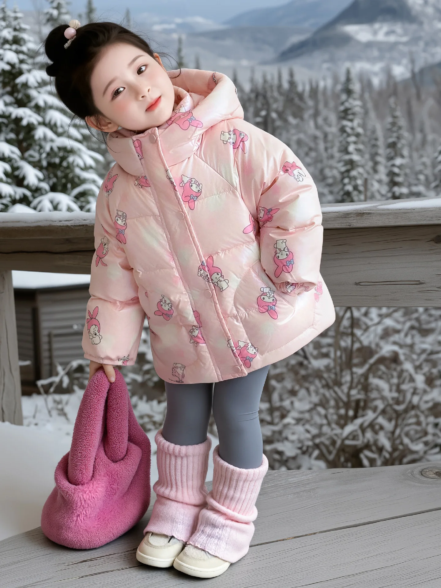 

Зимний пуховик с капюшоном с героями мультфильмов для девочек, милое ветрозащитное пуховое пальто с принтом Куроми, корейское модное детское утепленное пальто