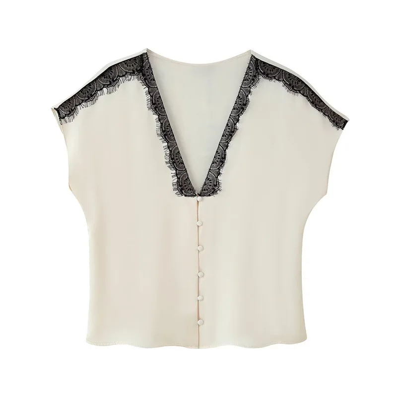 Color Matching Lace Silk Satin Texture Shirt Shorts Two-piece Set