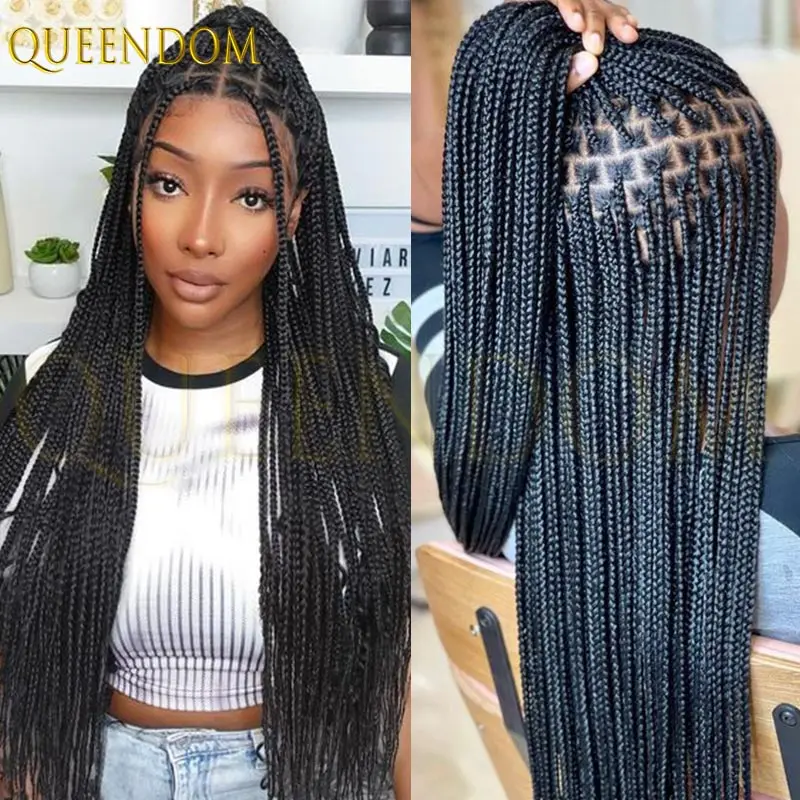 36インチのアフリカ系ロングストレート合成フルレースウィッグ（黒人女性用）、ノットレスボックスブレイド、コーンロウブレイド、レースフロントウィッグ