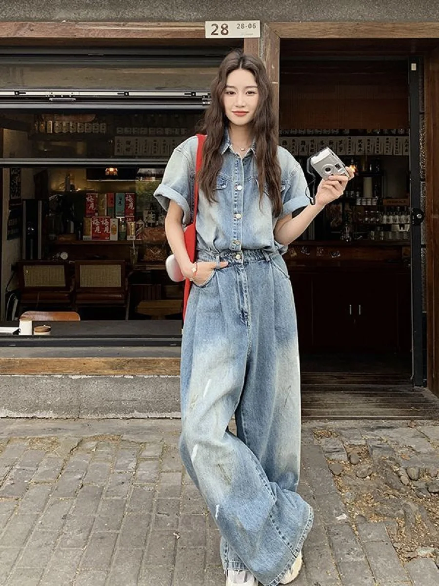 Korean Temperament Old Retro Denim Jumpsuit Women 2025 Summer New Niche Casual Design All-In-One Jumpsuit