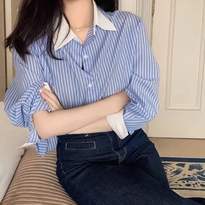 Spring Temperament Blue White Contrast Blouse Long Sleeve Polo Neck Loose Short Trend Shirt Tops Fashion Casual Women Clothing